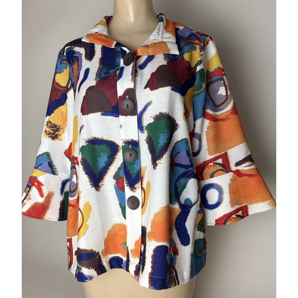 Ali Miles Size Petite Medium White Colorful Collared Blouse Abstract  3/4 Sleeve